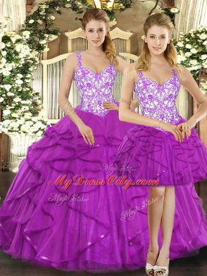 Sleeveless Organza Floor Length Lace Up Quinceanera Gown in Fuchsia with Beading and Ruffles