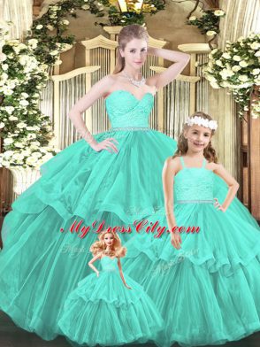 Fabulous Lace and Ruffled Layers Sweet 16 Quinceanera Dress Aqua Blue Lace Up Sleeveless Floor Length