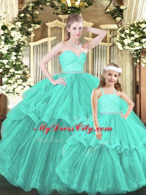 Fabulous Lace and Ruffled Layers Sweet 16 Quinceanera Dress Aqua Blue Lace Up Sleeveless Floor Length