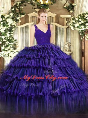 Luxury V-neck Sleeveless Zipper 15th Birthday Dress Purple Organza