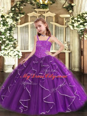 Perfect Organza Sleeveless Floor Length Little Girls Pageant Dress and Beading and Ruffles