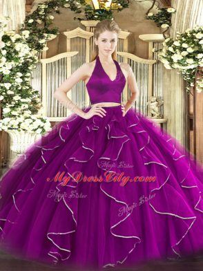 Exquisite Halter Top Sleeveless Quinceanera Dresses Floor Length Ruffles Purple Organza