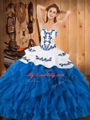 Floor Length Blue And White Quinceanera Dress Satin and Organza Sleeveless Embroidery and Ruffles