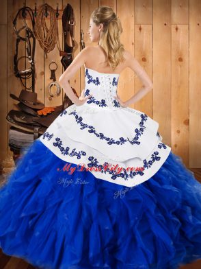 Floor Length Blue And White Quinceanera Dress Satin and Organza Sleeveless Embroidery and Ruffles