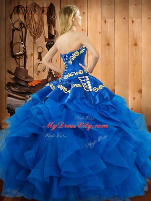Latest Teal Satin and Organza Lace Up Ball Gown Prom Dress Sleeveless Floor Length Embroidery and Ruffles