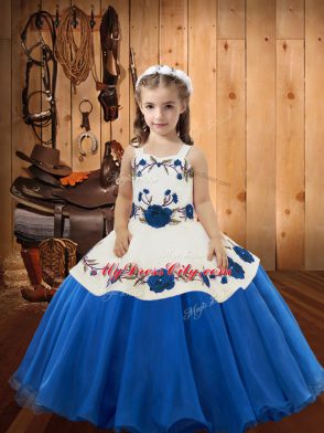 Trendy Blue Straps Lace Up Embroidery Girls Pageant Dresses Sleeveless