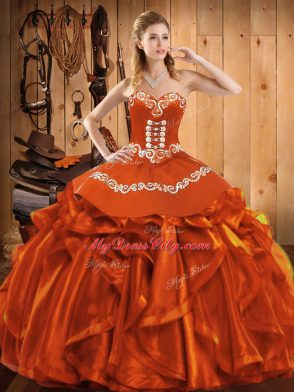 Floor Length Lace Up Sweet 16 Quinceanera Dress Rust Red for Military Ball and Sweet 16 and Quinceanera with Embroidery and Ruffles