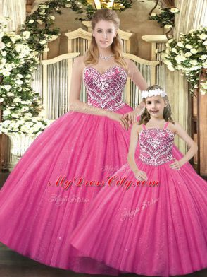 Hot Pink Sleeveless Beading Floor Length Sweet 16 Quinceanera Dress