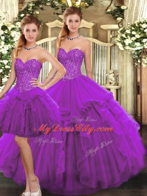 Sleeveless Floor Length Ruffles Lace Up 15 Quinceanera Dress with Purple