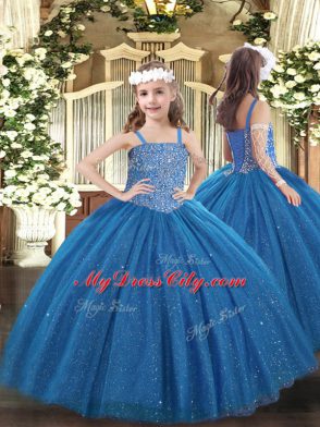 Attractive Ball Gowns Custom Made Pageant Dress Blue Straps Tulle Sleeveless Floor Length Lace Up