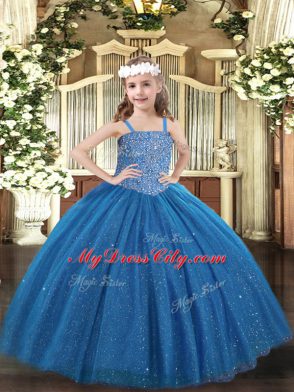 Attractive Ball Gowns Custom Made Pageant Dress Blue Straps Tulle Sleeveless Floor Length Lace Up
