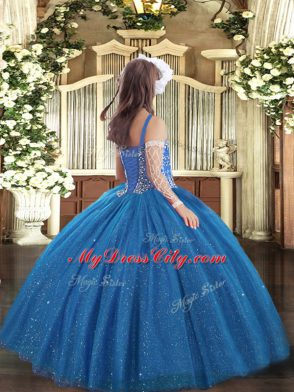Attractive Ball Gowns Custom Made Pageant Dress Blue Straps Tulle Sleeveless Floor Length Lace Up