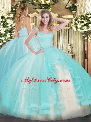 Aqua Blue Ball Gowns Straps Sleeveless Tulle Floor Length Zipper Beading Sweet 16 Quinceanera Dress
