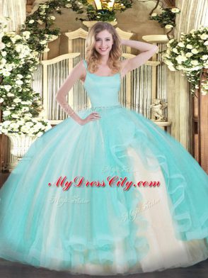 Aqua Blue Ball Gowns Straps Sleeveless Tulle Floor Length Zipper Beading Sweet 16 Quinceanera Dress