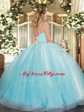 Aqua Blue Ball Gowns Straps Sleeveless Tulle Floor Length Zipper Beading Sweet 16 Quinceanera Dress