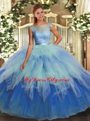 Multi-color Ball Gowns Organza Scoop Sleeveless Beading and Ruffles Floor Length Backless Ball Gown Prom Dress