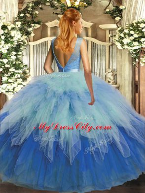 Multi-color Ball Gowns Organza Scoop Sleeveless Beading and Ruffles Floor Length Backless Ball Gown Prom Dress