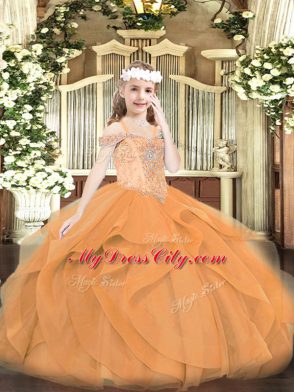 Graceful Off The Shoulder Sleeveless Pageant Dress for Girls Floor Length Beading and Ruffles Orange Tulle