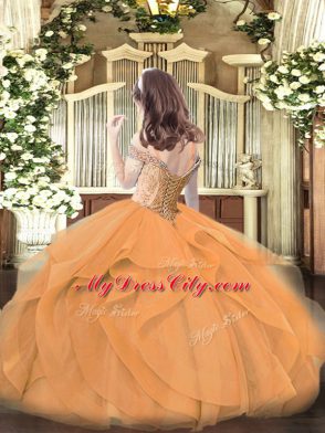 Graceful Off The Shoulder Sleeveless Pageant Dress for Girls Floor Length Beading and Ruffles Orange Tulle