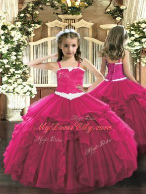 Floor Length Ball Gowns Sleeveless Hot Pink Pageant Gowns For Girls Lace Up