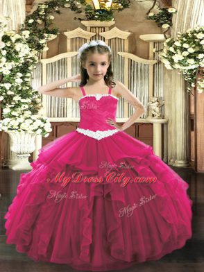 Floor Length Ball Gowns Sleeveless Hot Pink Pageant Gowns For Girls Lace Up