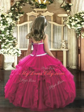 Floor Length Ball Gowns Sleeveless Hot Pink Pageant Gowns For Girls Lace Up