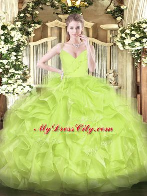 Glittering Spaghetti Straps Sleeveless Quinceanera Dress Floor Length Ruffles Yellow Green Organza
