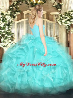 Glittering Spaghetti Straps Sleeveless Quinceanera Dress Floor Length Ruffles Yellow Green Organza