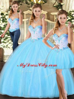 Baby Blue Three Pieces Tulle Sweetheart Sleeveless Beading Floor Length Lace Up 15th Birthday Dress