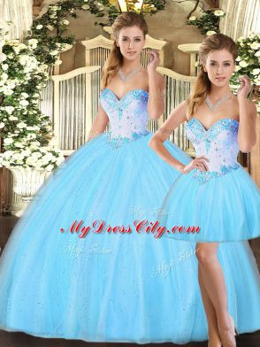 Baby Blue Three Pieces Tulle Sweetheart Sleeveless Beading Floor Length Lace Up 15th Birthday Dress