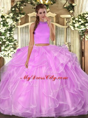 Custom Fit Sleeveless Organza Floor Length Backless 15 Quinceanera Dress in Lilac with Beading and Ruffles