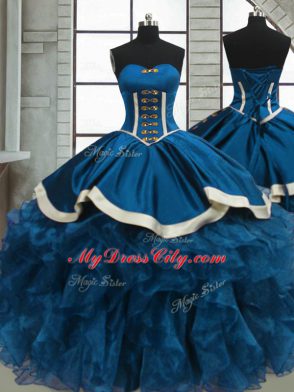 Beading and Ruffles Vestidos de Quinceanera Blue Lace Up Sleeveless Floor Length