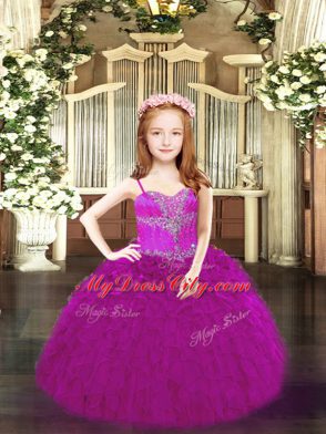 Fuchsia Spaghetti Straps Lace Up Beading and Ruffles Kids Pageant Dress Sleeveless