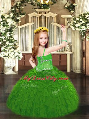 Fuchsia Spaghetti Straps Lace Up Beading and Ruffles Kids Pageant Dress Sleeveless