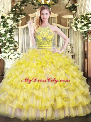 Dramatic Gold Halter Top Neckline Beading and Ruffles 15 Quinceanera Dress Sleeveless Zipper