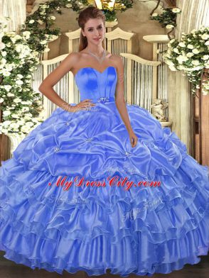 Baby Blue Ball Gowns Organza Sweetheart Sleeveless Beading and Ruffled Layers Floor Length Lace Up 15th Birthday Dress