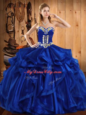 Royal Blue Lace Up Sweetheart Embroidery and Ruffles Vestidos de Quinceanera Organza Sleeveless