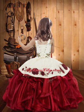 Classical Red Lace Up Straps Embroidery and Ruffles Girls Pageant Dresses Organza Sleeveless
