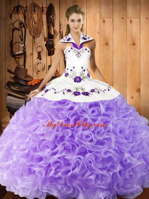 Floor Length Lavender Quince Ball Gowns Fabric With Rolling Flowers Sleeveless Embroidery
