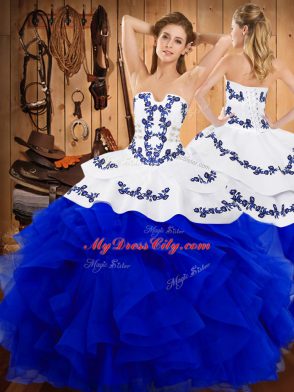 Lovely Blue Sleeveless Floor Length Embroidery and Ruffles Lace Up Sweet 16 Dress