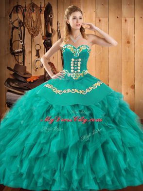 Amazing Sweetheart Sleeveless 15 Quinceanera Dress Floor Length Embroidery and Ruffles Turquoise Satin and Organza