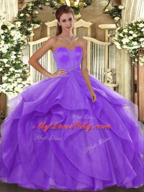 Dazzling Floor Length Lavender Vestidos de Quinceanera Tulle Sleeveless Beading and Ruffles