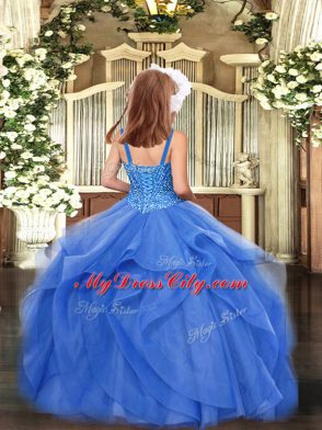 Sleeveless Organza Floor Length Lace Up Child Pageant Dress in Turquoise with Beading and Ruffles