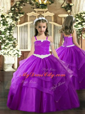 Superior Floor Length Purple Kids Pageant Dress Tulle Sleeveless Appliques and Ruffled Layers