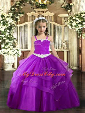 Superior Floor Length Purple Kids Pageant Dress Tulle Sleeveless Appliques and Ruffled Layers