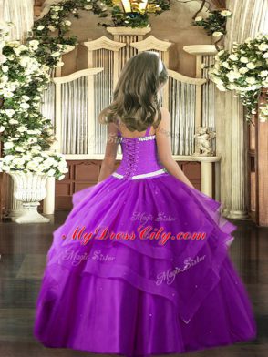 Superior Floor Length Purple Kids Pageant Dress Tulle Sleeveless Appliques and Ruffled Layers