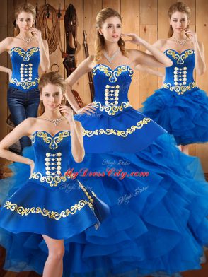 Top Selling Ball Gowns 15 Quinceanera Dress Blue Sweetheart Satin and Organza Sleeveless Floor Length Lace Up