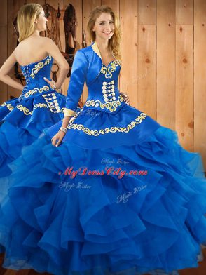 Floor Length Lace Up Vestidos de Quinceanera Blue for Military Ball and Sweet 16 and Quinceanera with Embroidery and Ruffles