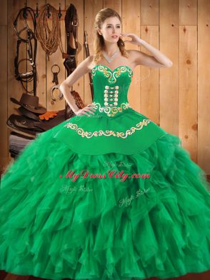 Glamorous Satin and Organza Sweetheart Sleeveless Lace Up Embroidery and Ruffles Quinceanera Gowns in Green