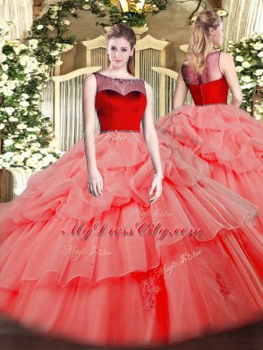 Sleeveless Floor Length Beading and Appliques Zipper Quinceanera Dresses with Watermelon Red
